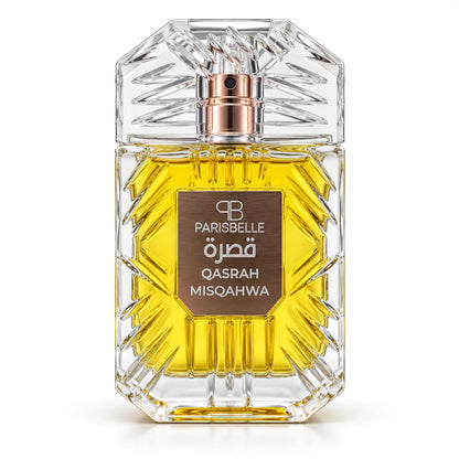 Parisbelle Qasrah Misqahwa Extrait de Parfum 100ml in a textured bronze-taupe window presentation box