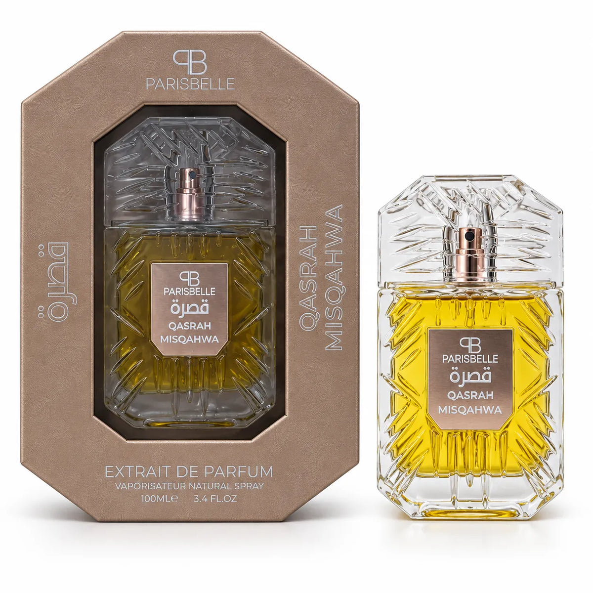 Front view of Parisbelle Qasrah Misqahwa boxed perfume showing its bottle through the display window