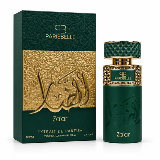 Parisbelle Za’ar Extrait de Parfum 100ml emerald green and gold perfume bottle