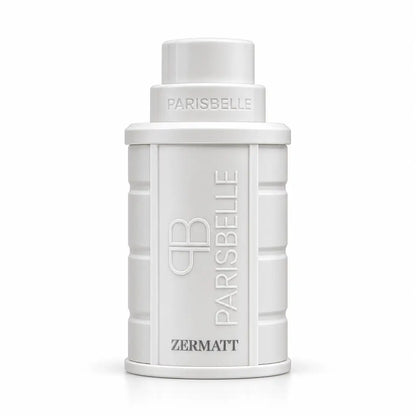Parisbelle Zermatt Extrait de Parfum 100ml white perfume bottle with premium box on luxury white floral background