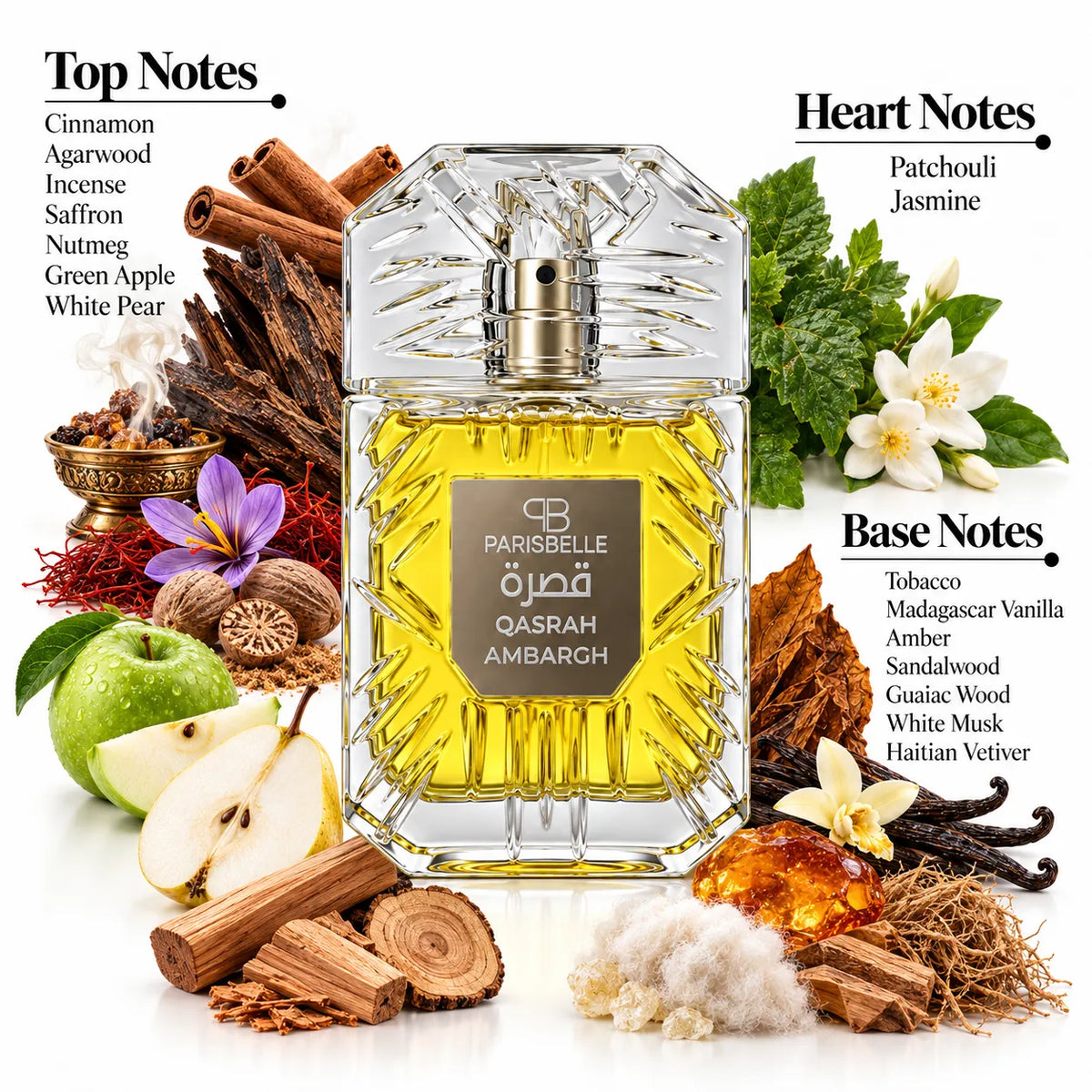 Parisbelle Qasrah Ambargh perfume with golden-yellow liquid visible through its presentation box