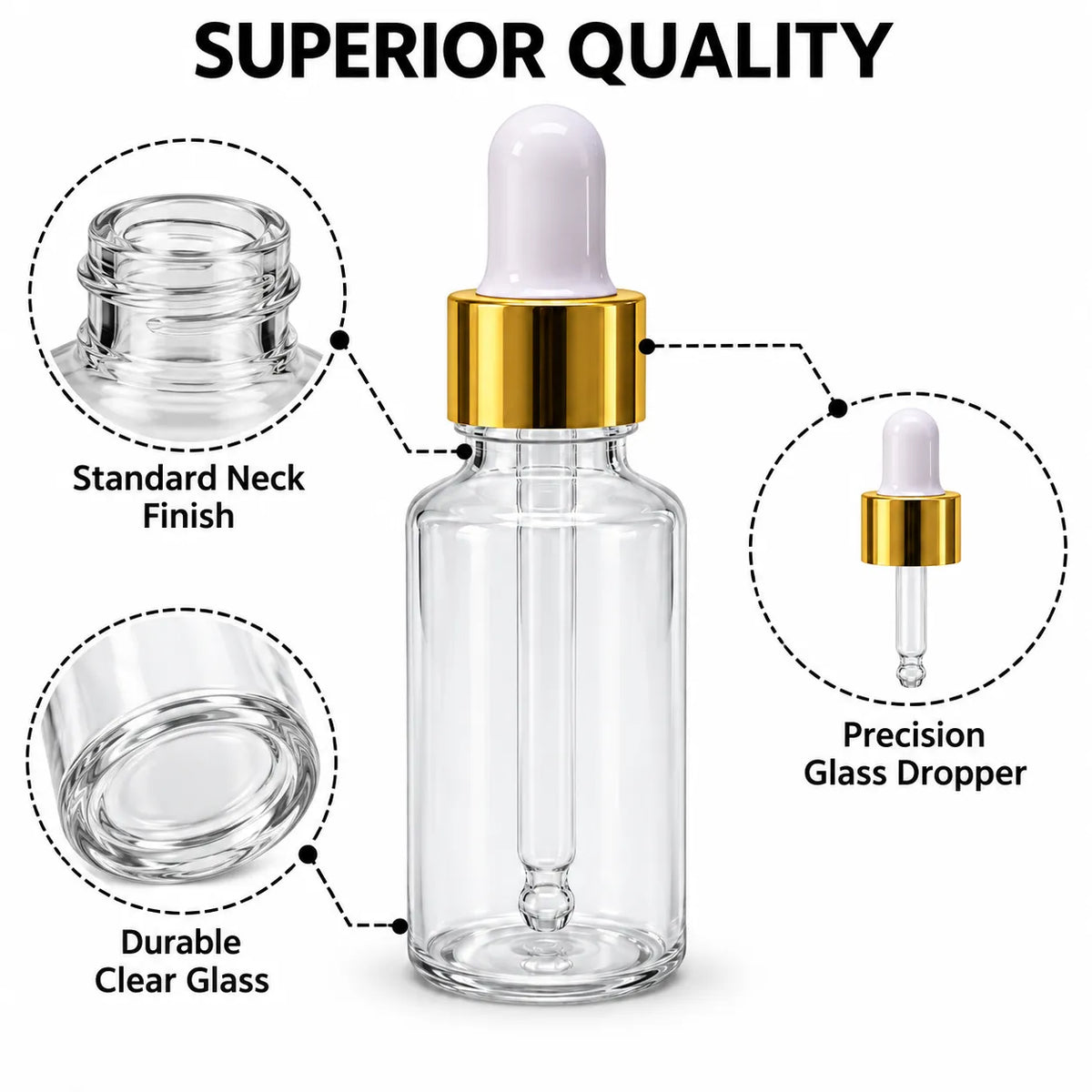 30ml clear plastic dropper bottle with glass pipette, gold collar and white bulb for serum and cosmetic oil packaging
