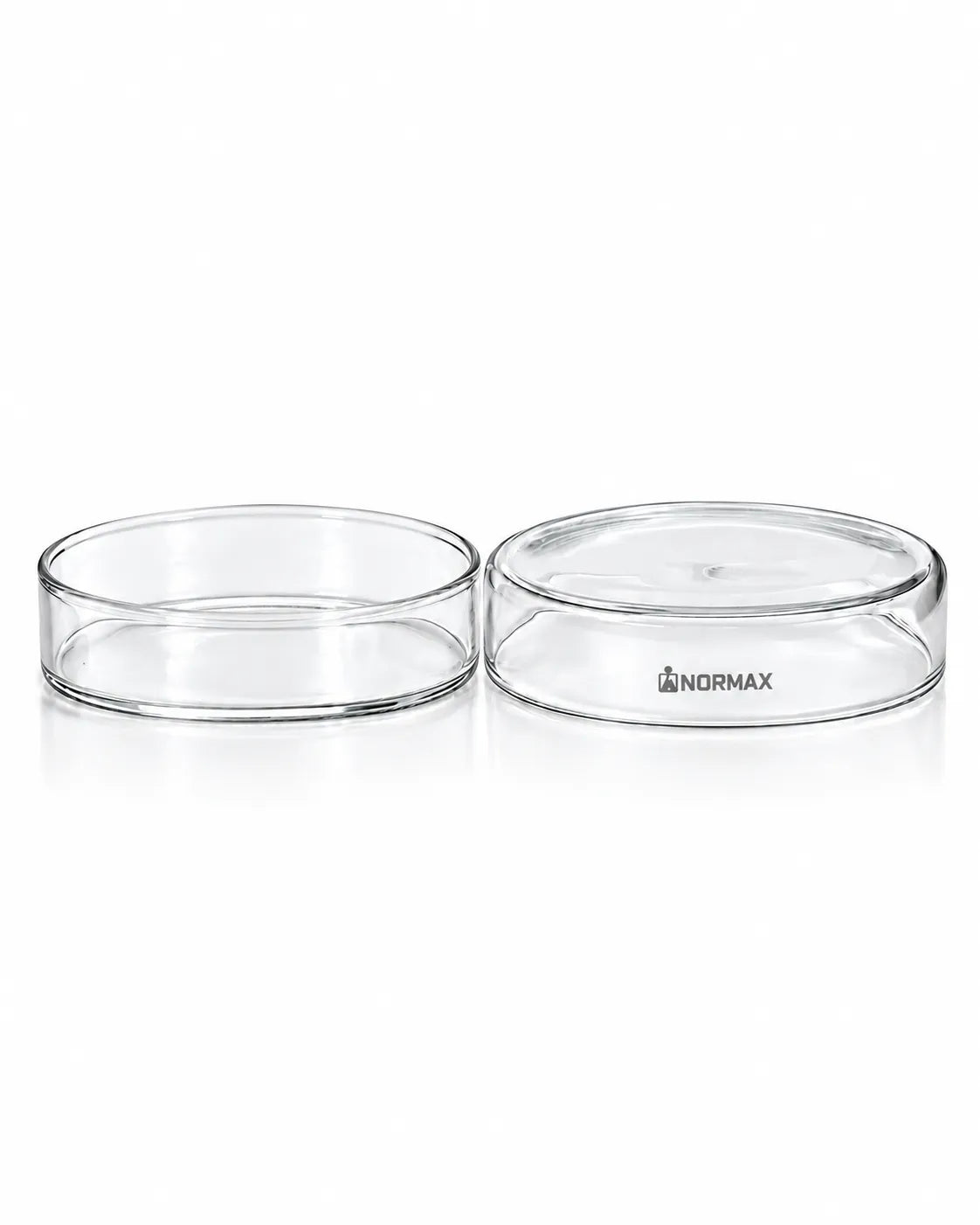 Open clear glass Petri dish base showing its shallow round shape and transparent sides on a white background.