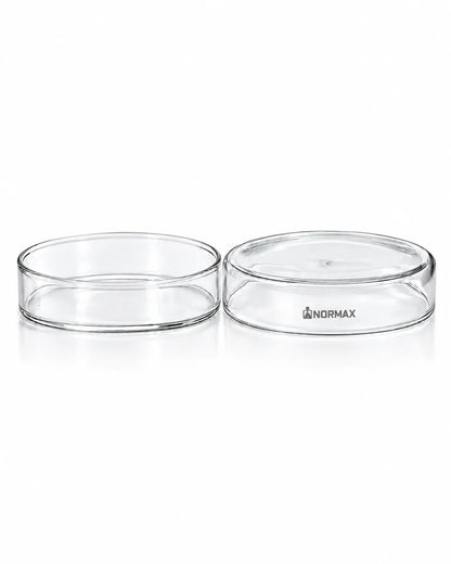 Open clear glass Petri dish base showing its shallow round shape and transparent sides on a white background.
