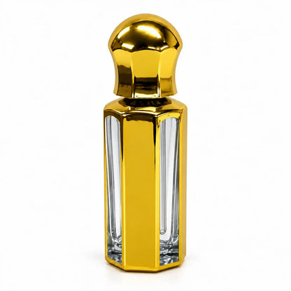 Premium empty octagonal attar bottle with gold finish and glass stick applicator