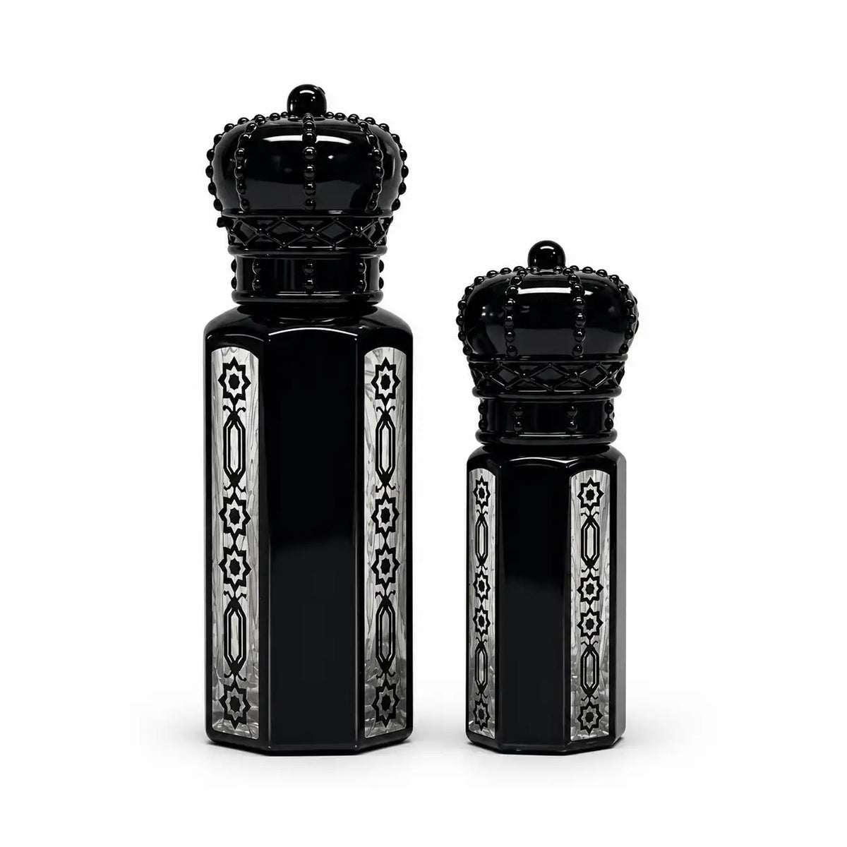 Premium black crown attar bottles in 3ml and 12ml with silver decorative design on white background