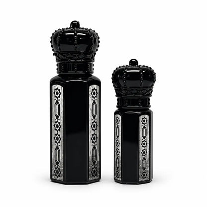 Premium black crown attar bottles in 3ml and 12ml with silver decorative design on white background