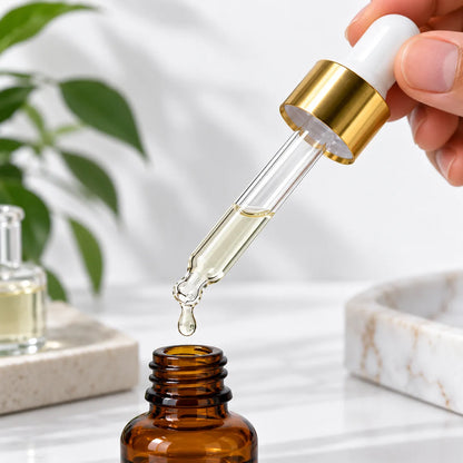 Premium cosmetic serum dropper with clear glass pipette and gold collar