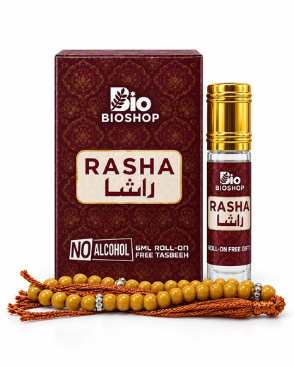 Bio Shop Rasha 6ml alcohol-free roll-on attar bottle with burgundy box and brown tasbeeh