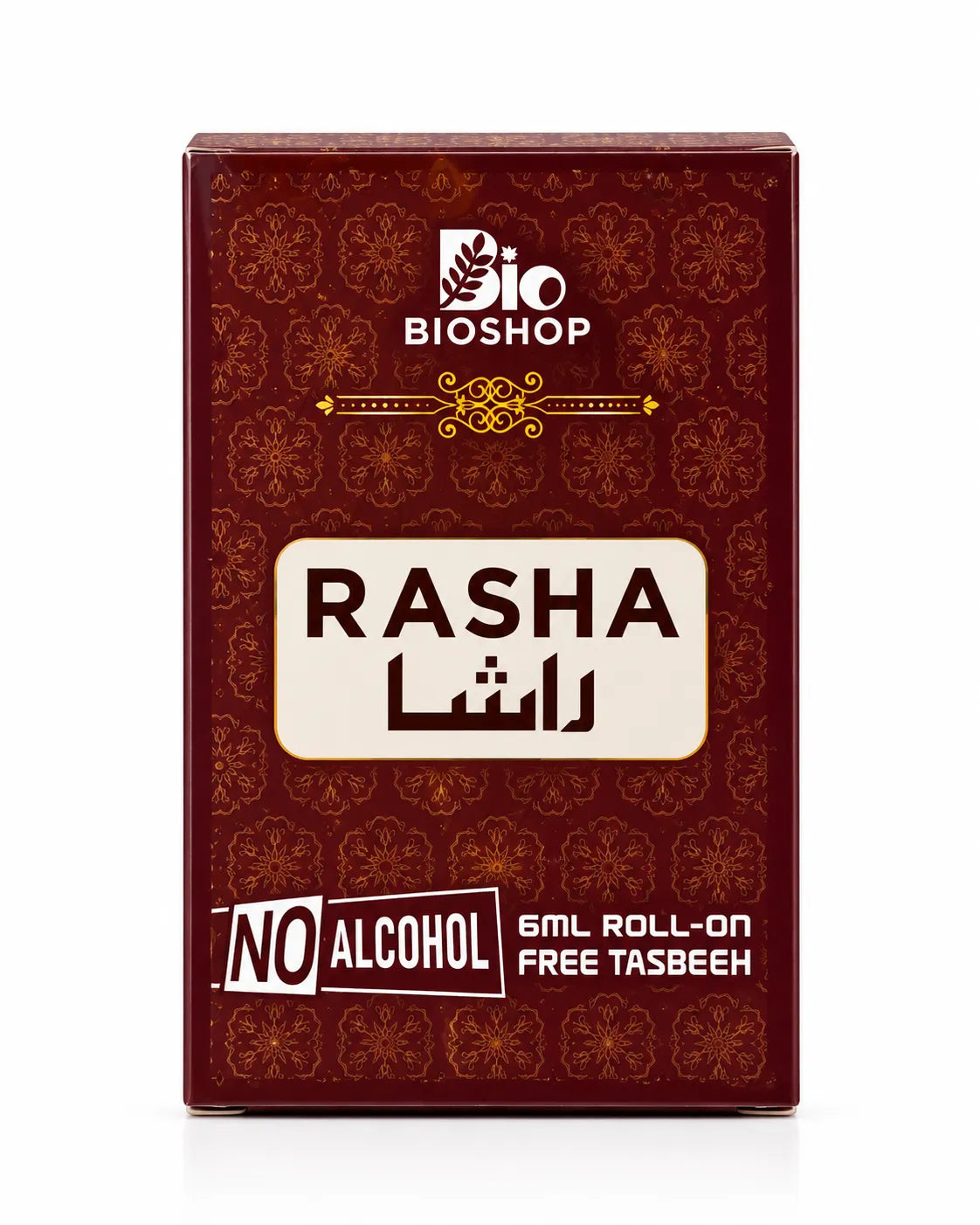 Rasha perfume oil glass bottle with golden cap and matching maroon fragrance packaging