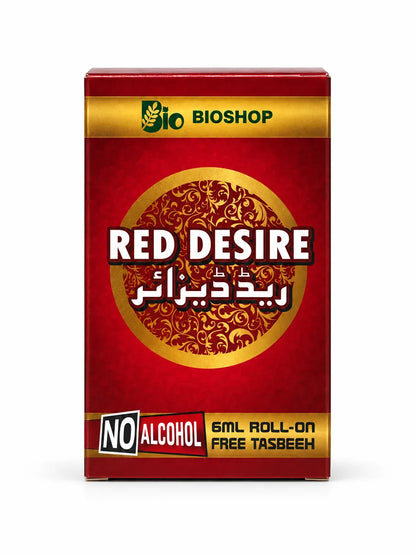 Bio Shop Red Desire 6ml roll-on attar with a gold-coloured cap, red-and-gold ornamental box and dark brown tasbeeh on a white background.