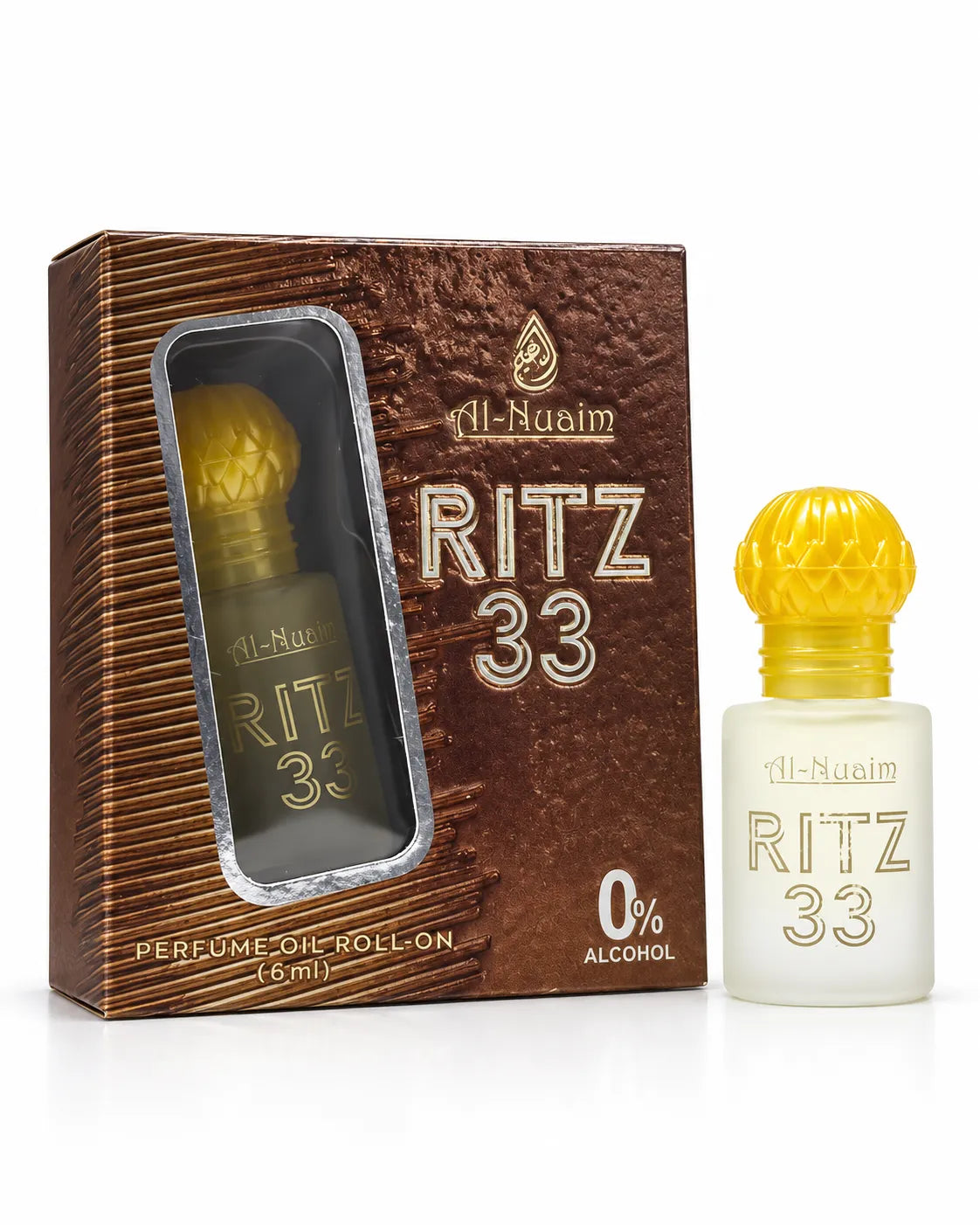 Ritz 33 6ml roll-on attar bottle with yellow-gold cap beside matching Al-Nuaim packaging.