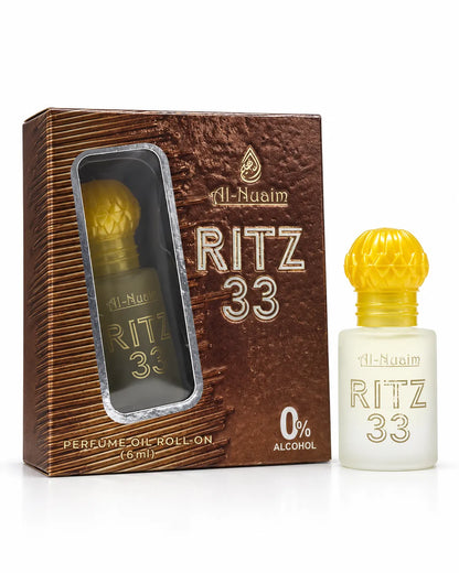 Ritz 33 6ml roll-on attar bottle with yellow-gold cap beside matching Al-Nuaim packaging.