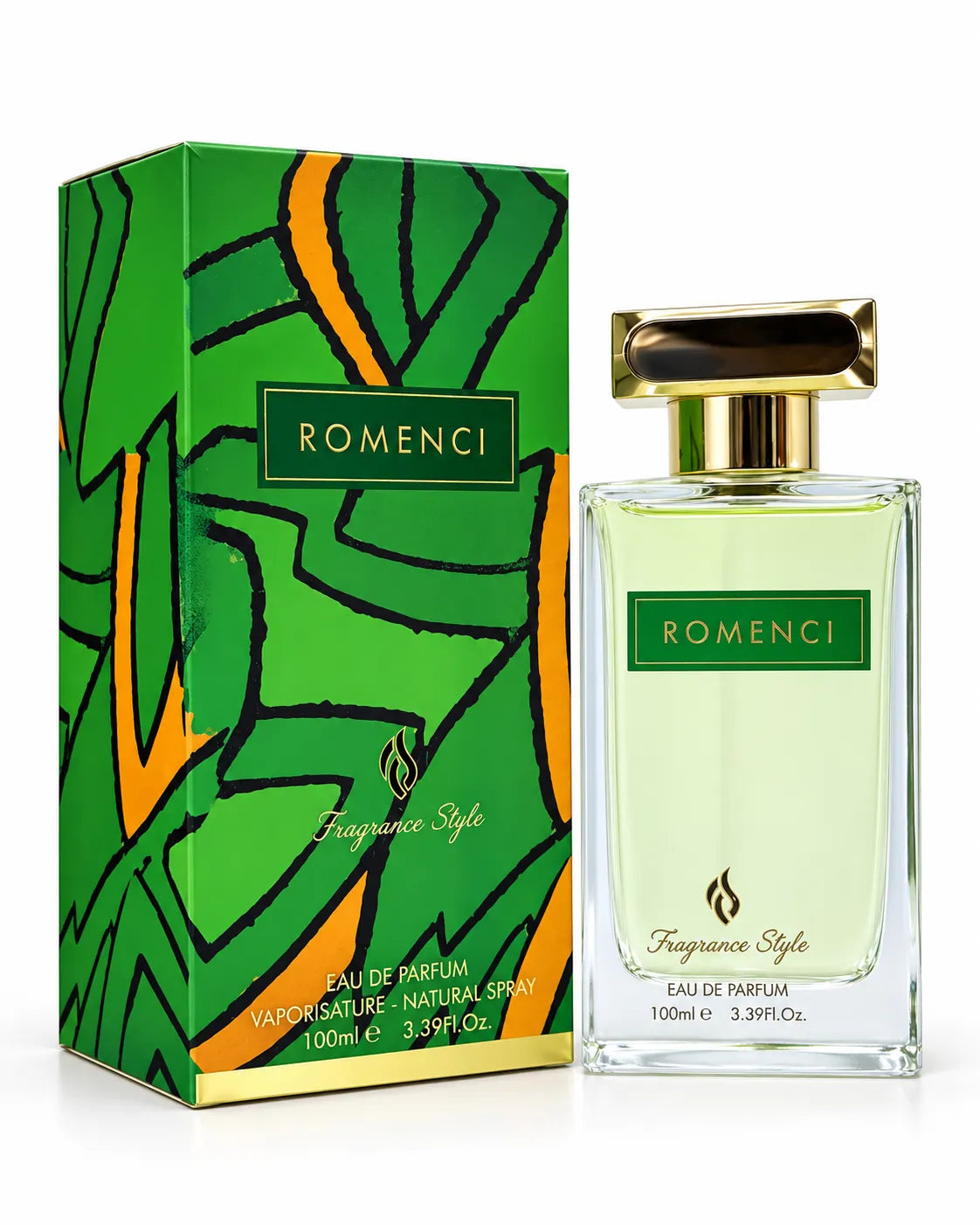 Fragrance Style Romenci 100ml perfume glass bottle with green label on white background