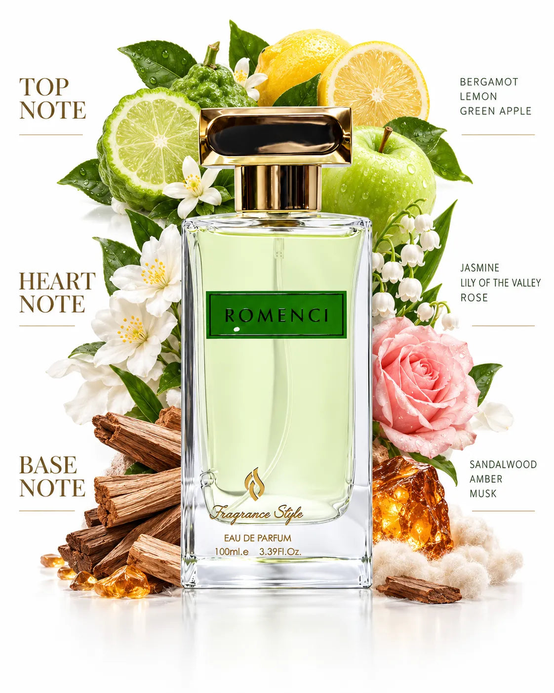Romenci 100ml Eau de Parfum pale green perfume bottle with gold-tone rectangular cap