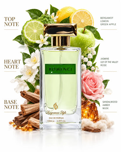 Romenci 100ml Eau de Parfum pale green perfume bottle with gold-tone rectangular cap