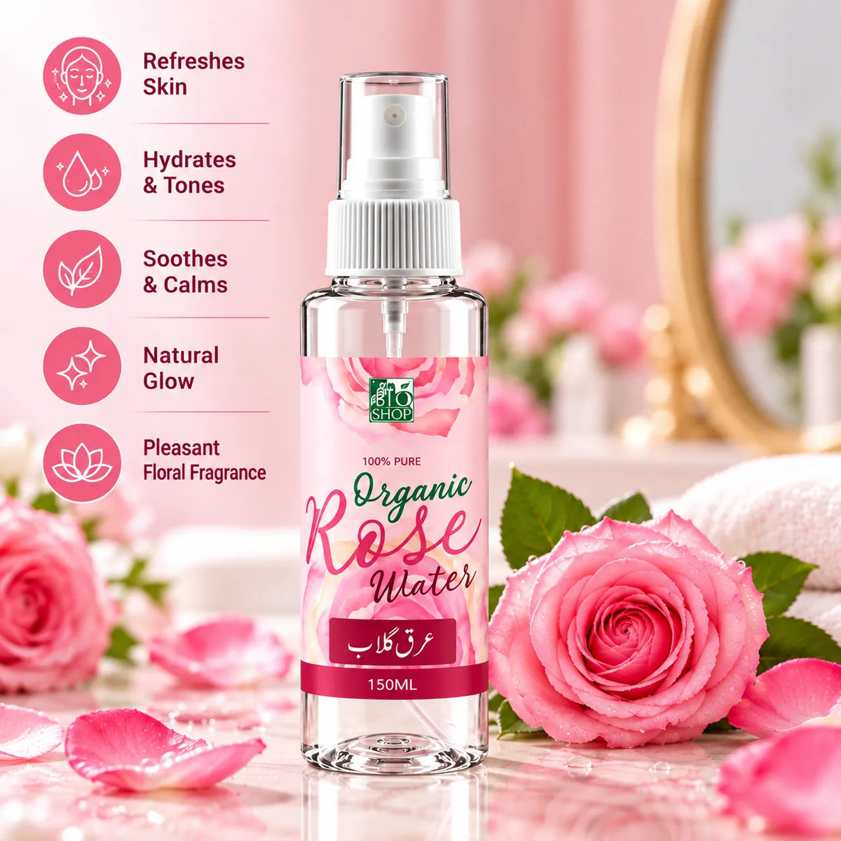 150ML Organic Rose Water facial mist by Bio Shop Pakistan featuring pink rose water label, transparent spray bottle and white pump for daily skincare.