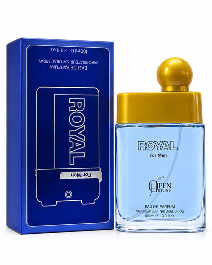Royal For Men 100ml Eau de Parfum light blue glass perfume bottle with golden cap by Open House
