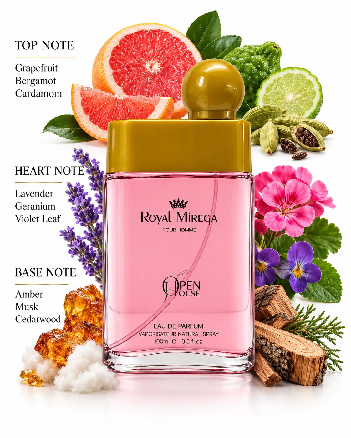 Royal Mireqa Pour Homme 100ml pink perfume bottle with golden cap