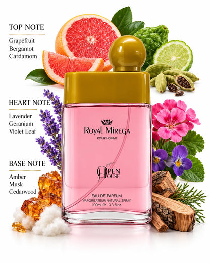 Royal Mireqa Pour Homme 100ml pink perfume bottle with golden cap