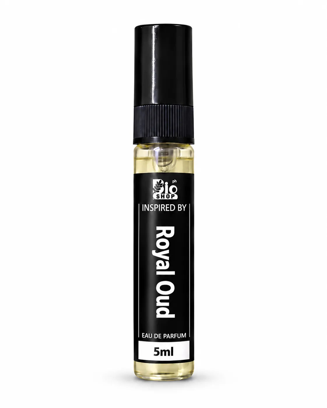 Bio Shop Royal Oud inspired 5ml Eau de Parfum spray bottle featuring black label and golden perfume liquid.