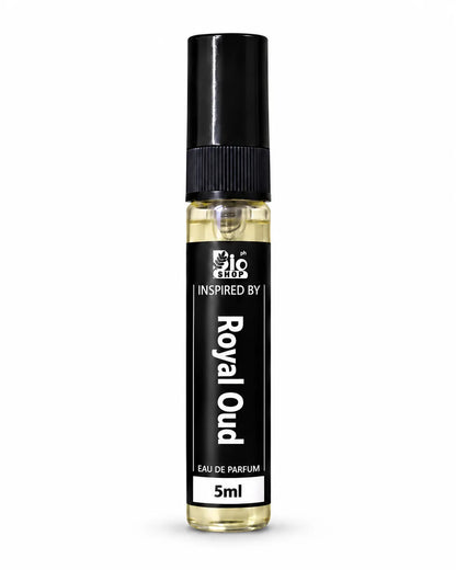Bio Shop Royal Oud inspired 5ml Eau de Parfum spray bottle featuring black label and golden perfume liquid.