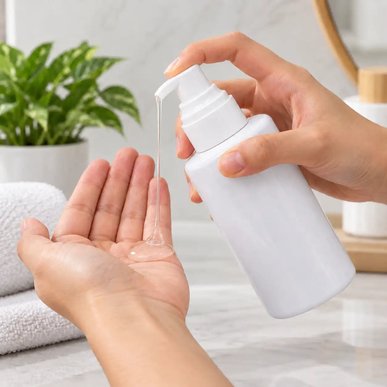 White cosmetic pump bottle dispensing lotion into hand for skincare use