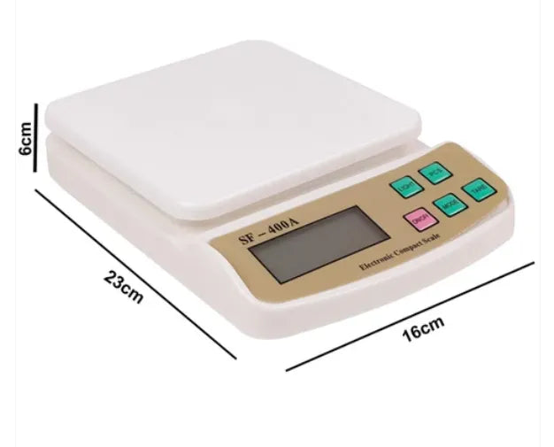 SF-400A electronic digital weighing scale with 23cm length, 16cm width and 6cm height, compact 10kg measuring machine.