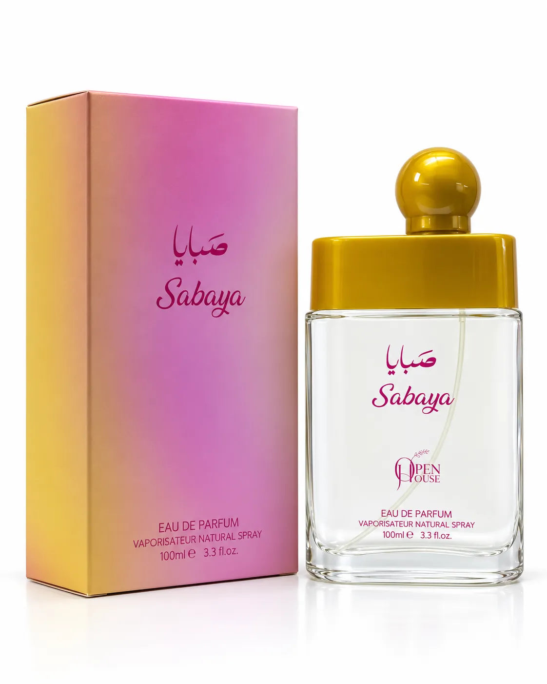  Sabaya 100ml clear perfume bottle with golden cap and pink lettering