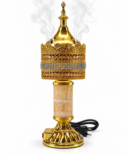 Luxury golden electric bakhoor burner with marble-style column, decorative crown chamber and removable lid