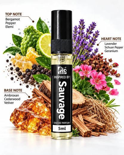 Bio Shop Sauvage inspired perfume spray 5ml for men with black cap on white background