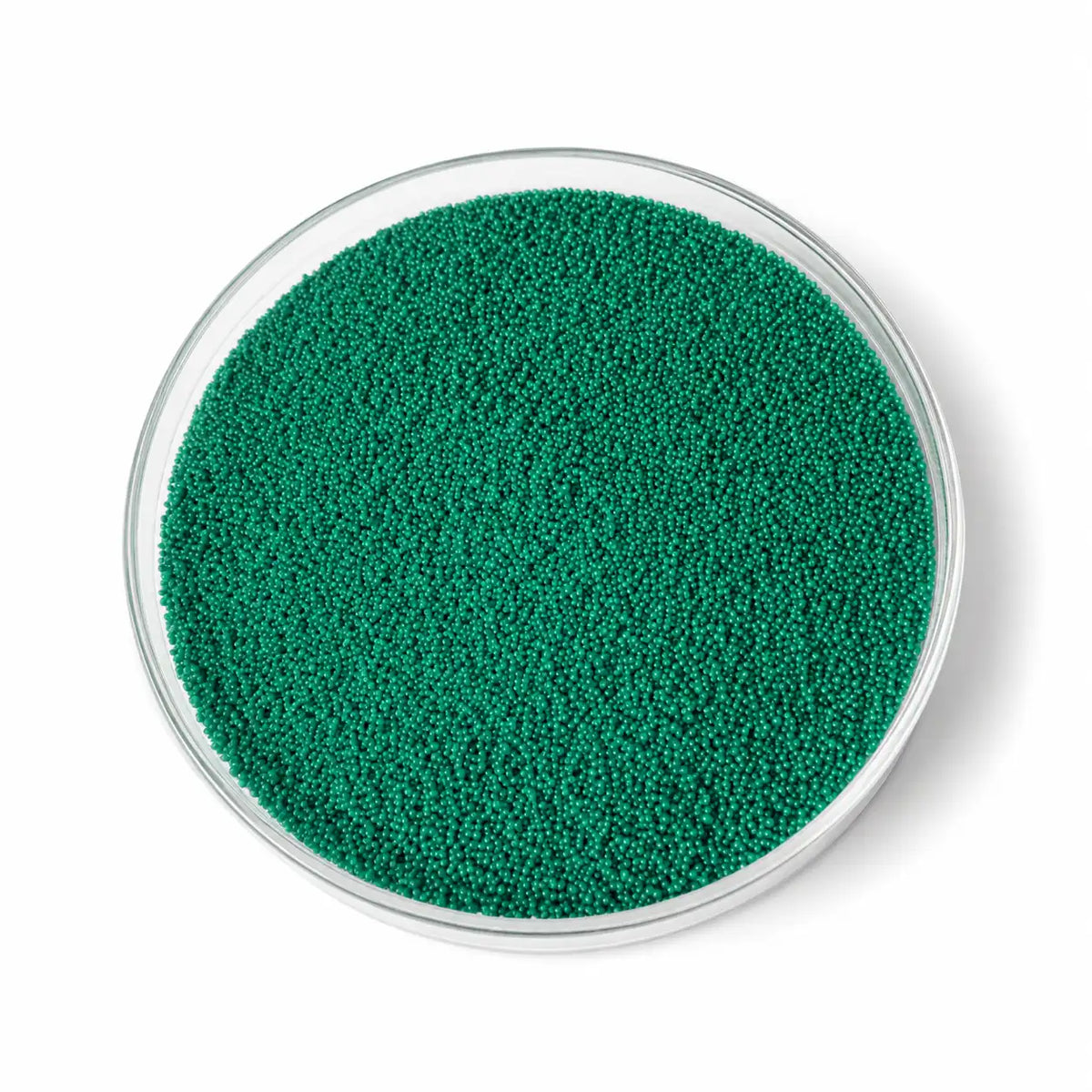 Green Jojoba Beads in Glass Dish for Cosmetic Exfoliating Scrubs