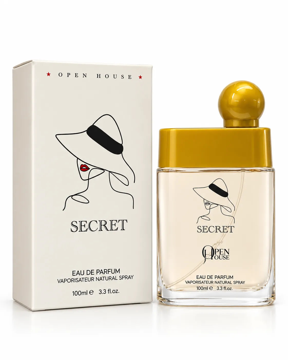  Secret Eau de Parfum 100ml bottle with golden cap and woman hat illustration