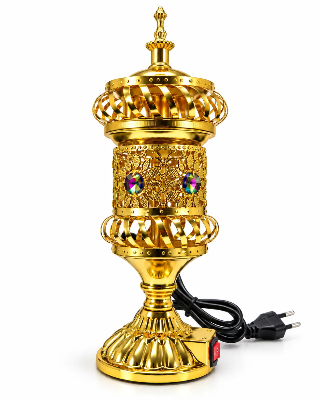 Golden electric bakhoor burner with floral openwork, multicolour accents, a tall finial lid, pedestal base and black power cord.