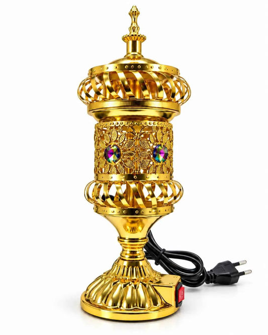 Shahi Minar Golden Electric Bakhoor Burner with Decorative Lid & Multicolour Accents