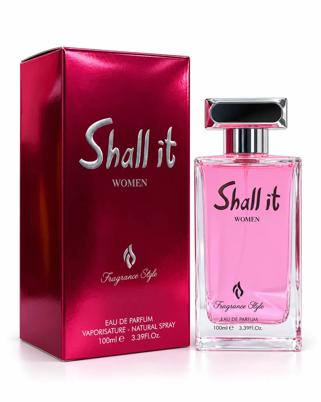 Fragrance Style Shall It Women's 100ml perfume in transparent glass bottle on white background