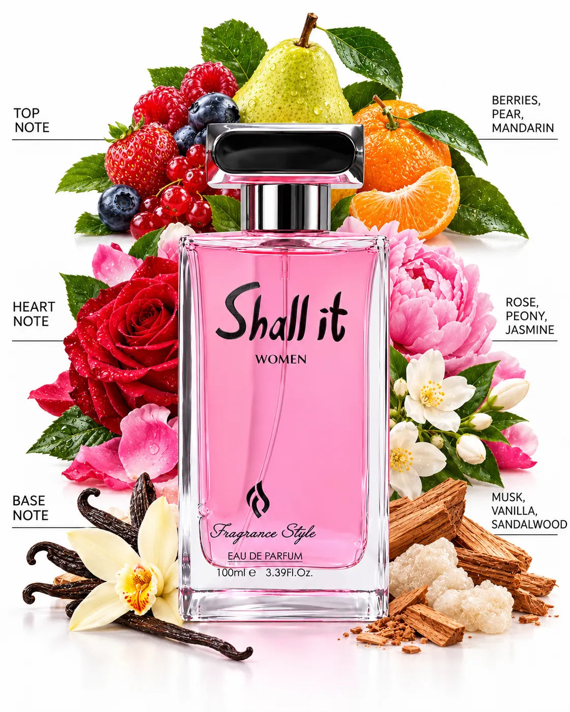 Shall It Women 100ml pink Eau de Parfum bottle with silver-tone rectangular cap