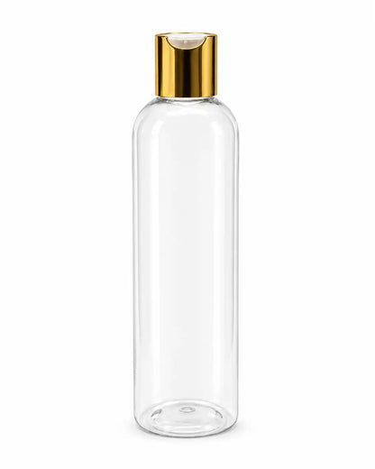  250ml clear empty bottle with gold press top cap