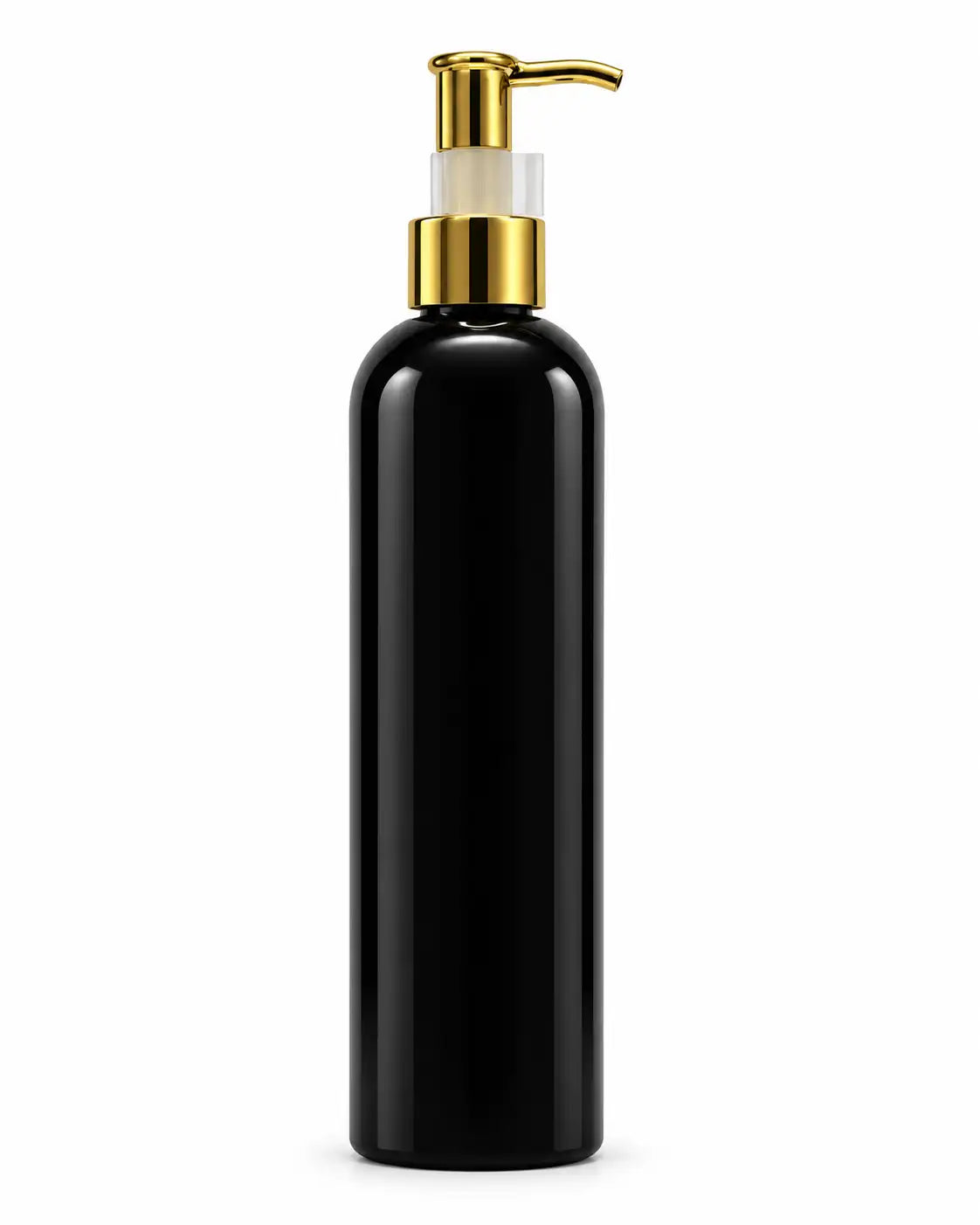 250ml black PET pump bottle with gold dispenser