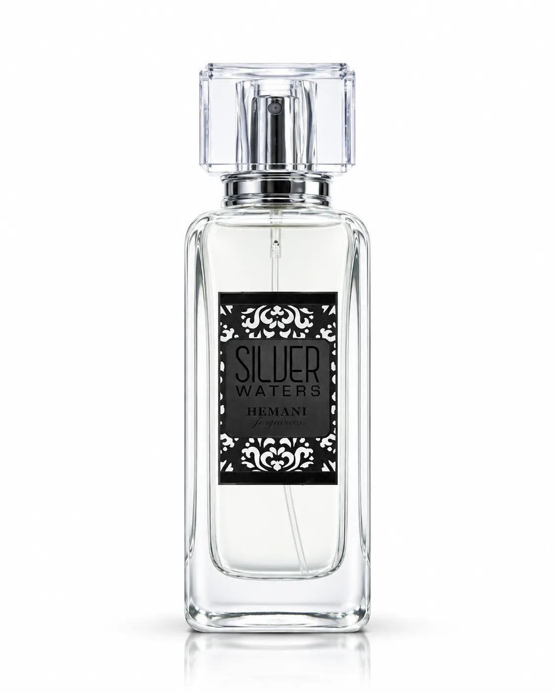 Hemani Silver Waters clear glass perfume bottle with transparent cap