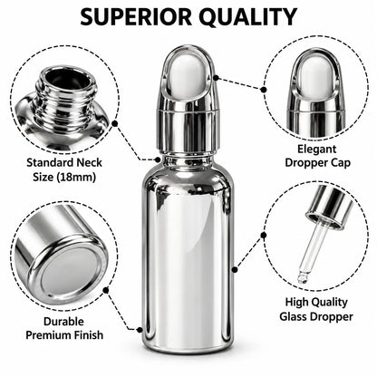30ml gold and silver empty dropper bottles side by side with matching caps and white bulbs on a white background.