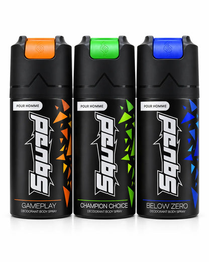 Squad Deodorant Body Spray 150ml Below Zero, Gameplay and Champion Choice variants together on white background
