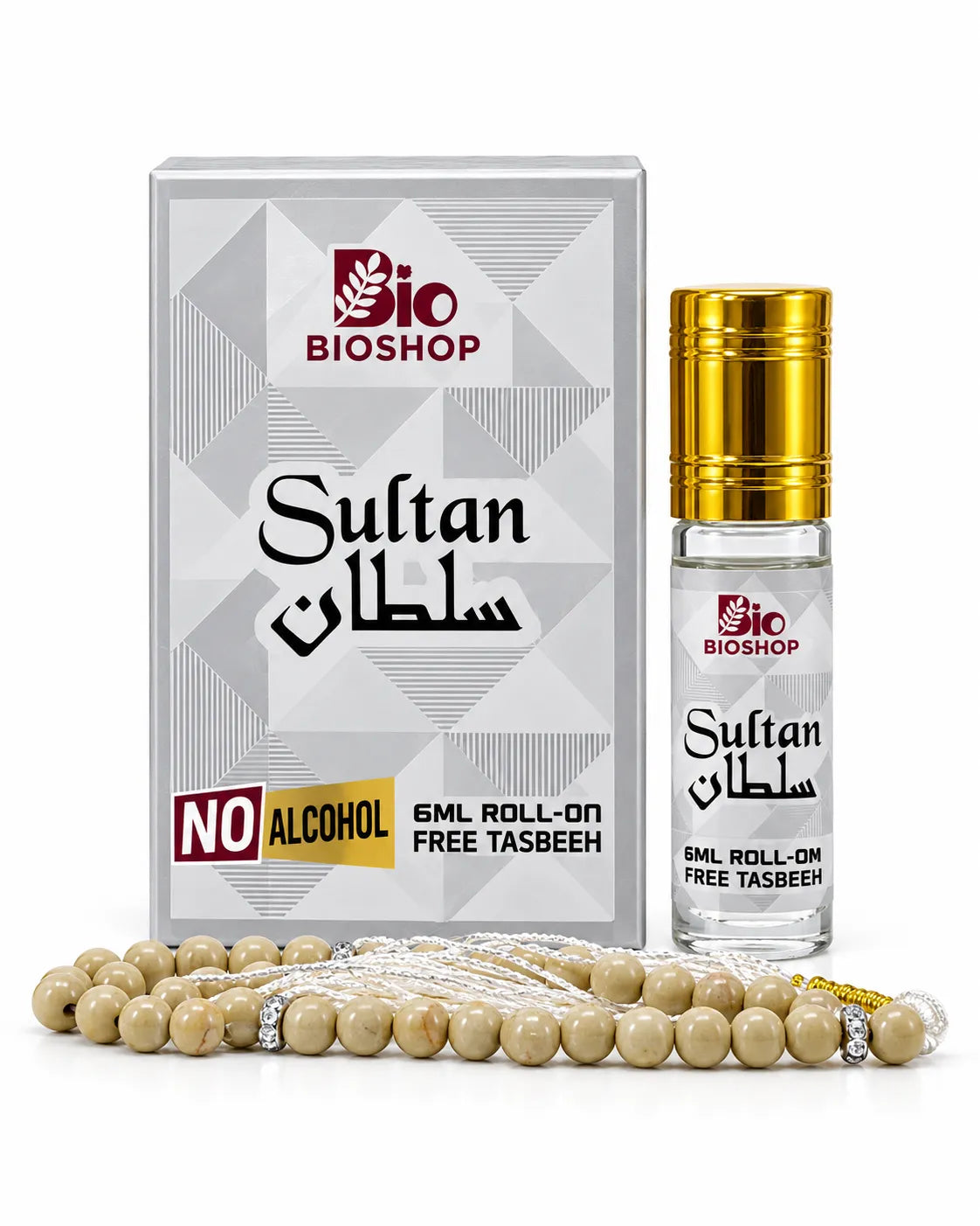 Bio Shop Sultan 6ml alcohol-free roll-on perfume oil in silver-grey box with golden-cap bottle and cream tasbeeh.