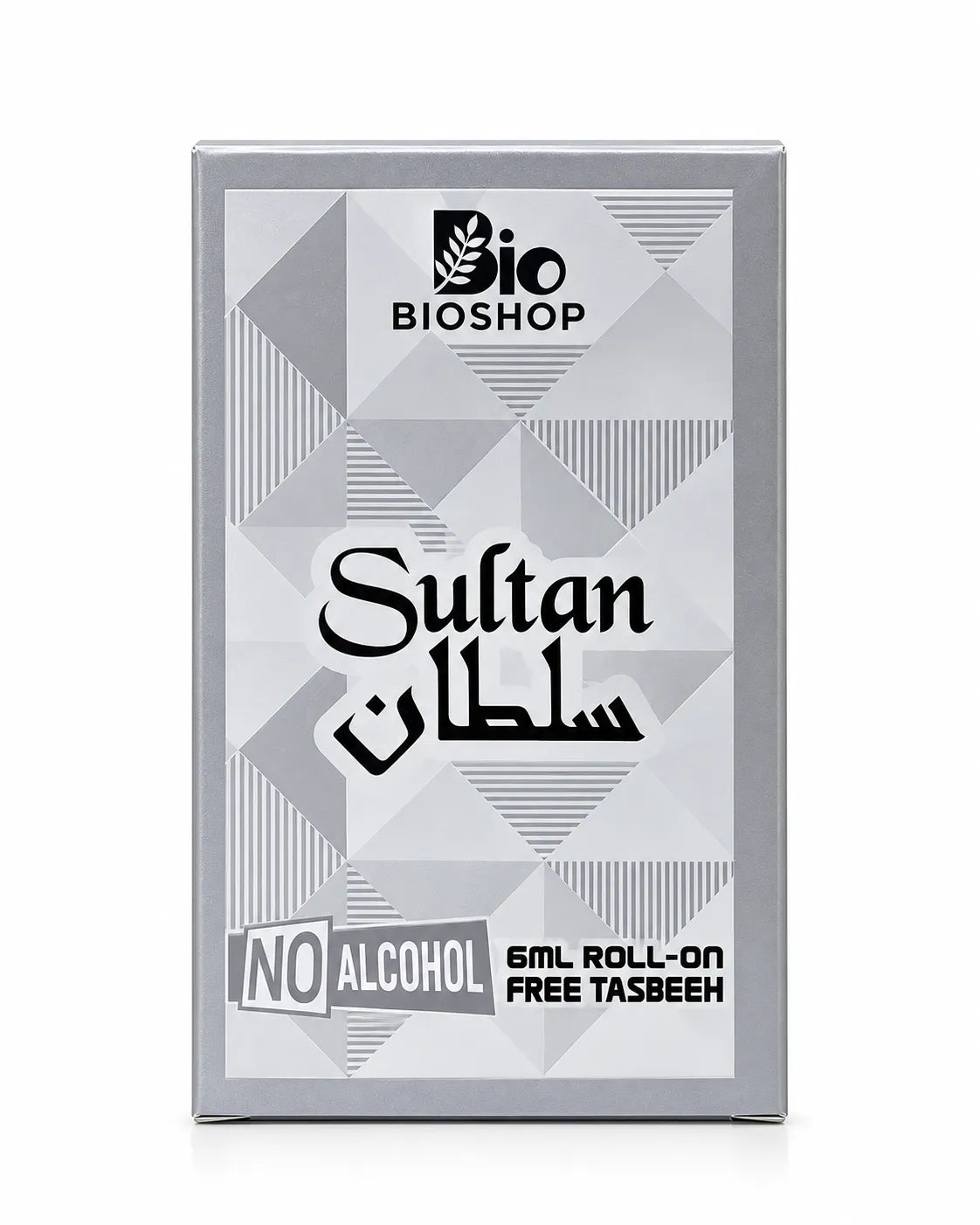 Sultan attar gift set featuring silver geometric packaging, 6ml glass perfume bottle and light-colored prayer beads.