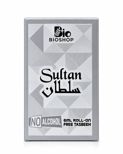 Sultan attar gift set featuring silver geometric packaging, 6ml glass perfume bottle and light-colored prayer beads.