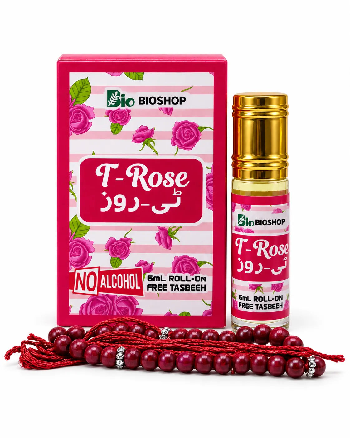 Bio Shop T-Rose 6ml roll-on attar with a gold-coloured cap, pink floral box and deep red tasbeeh on a white background.