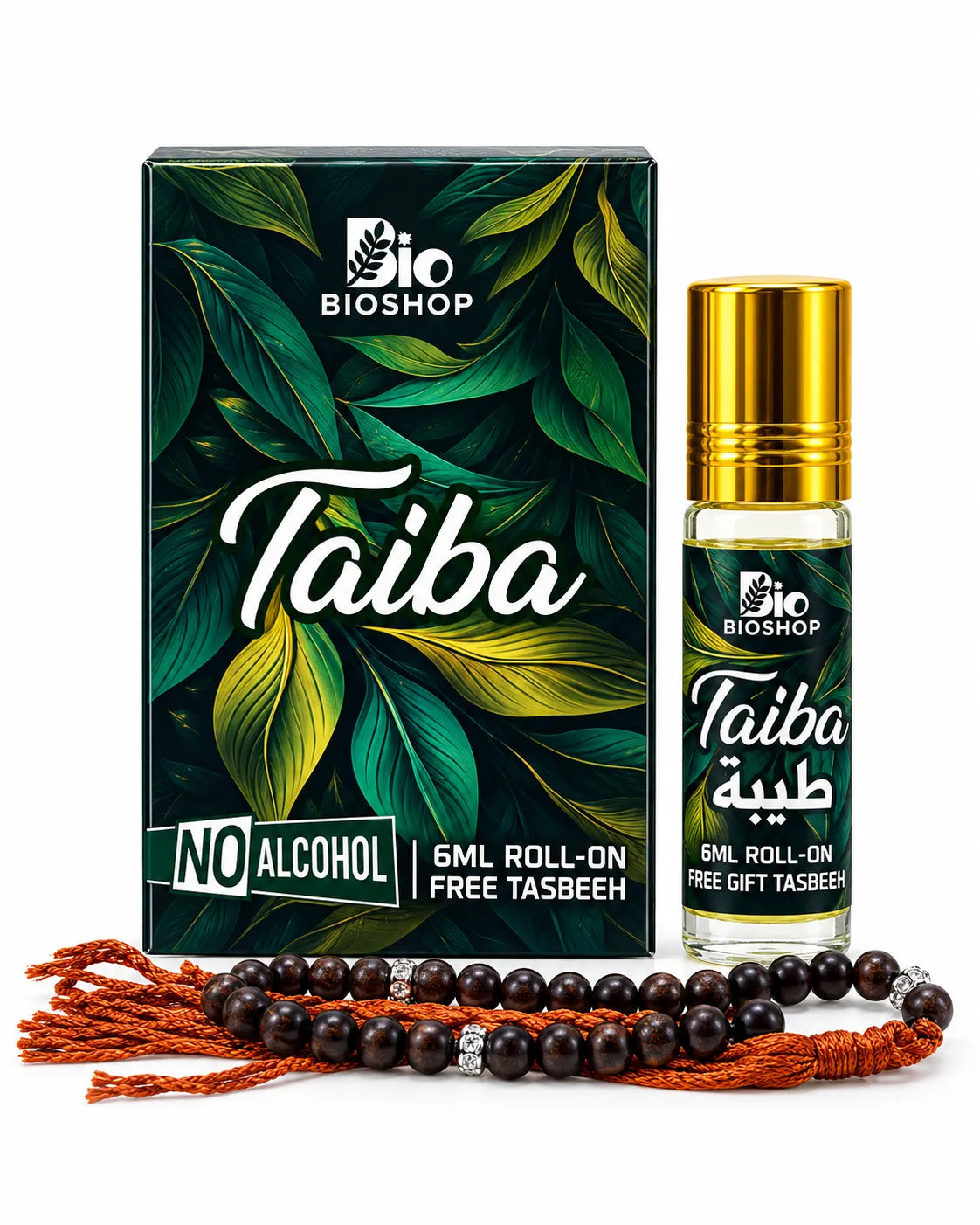 Bio Shop Taiba 6ml alcohol-free roll-on attar in dark-green botanical box with gold cap and black tasbeeh