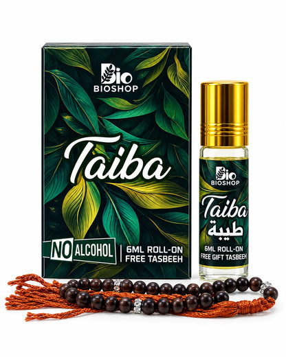 Bio Shop Taiba 6ml alcohol-free roll-on attar in dark-green botanical box with gold cap and black tasbeeh