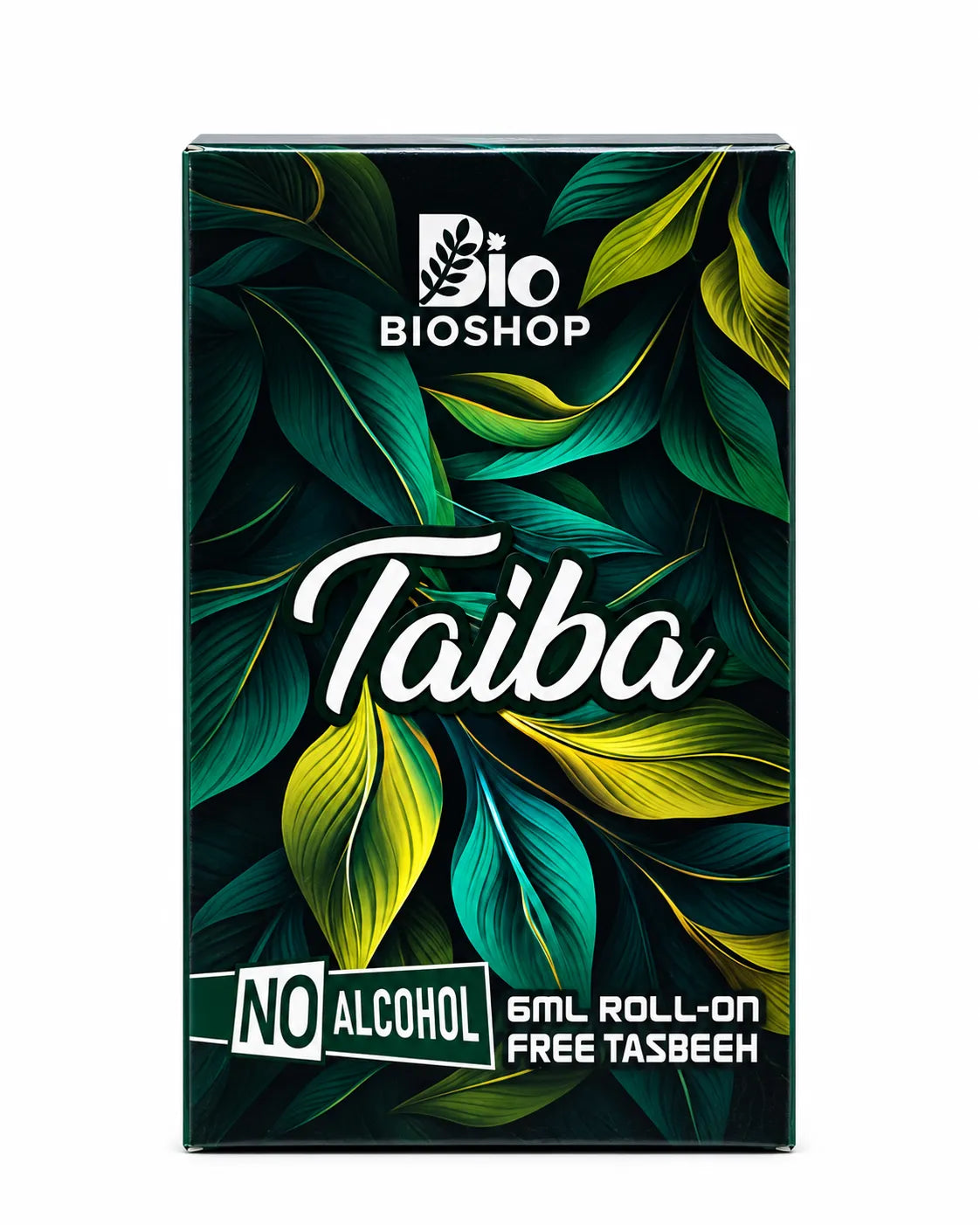 Taiba perfume oil gift set featuring botanical packaging, clear roll-on bottle and prayer beads