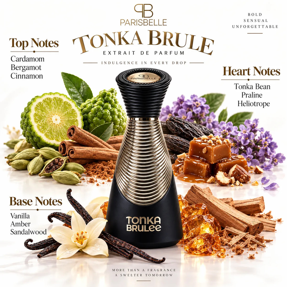 Tonka Brulee perfume with cardamom cinnamon amber and sandalwood